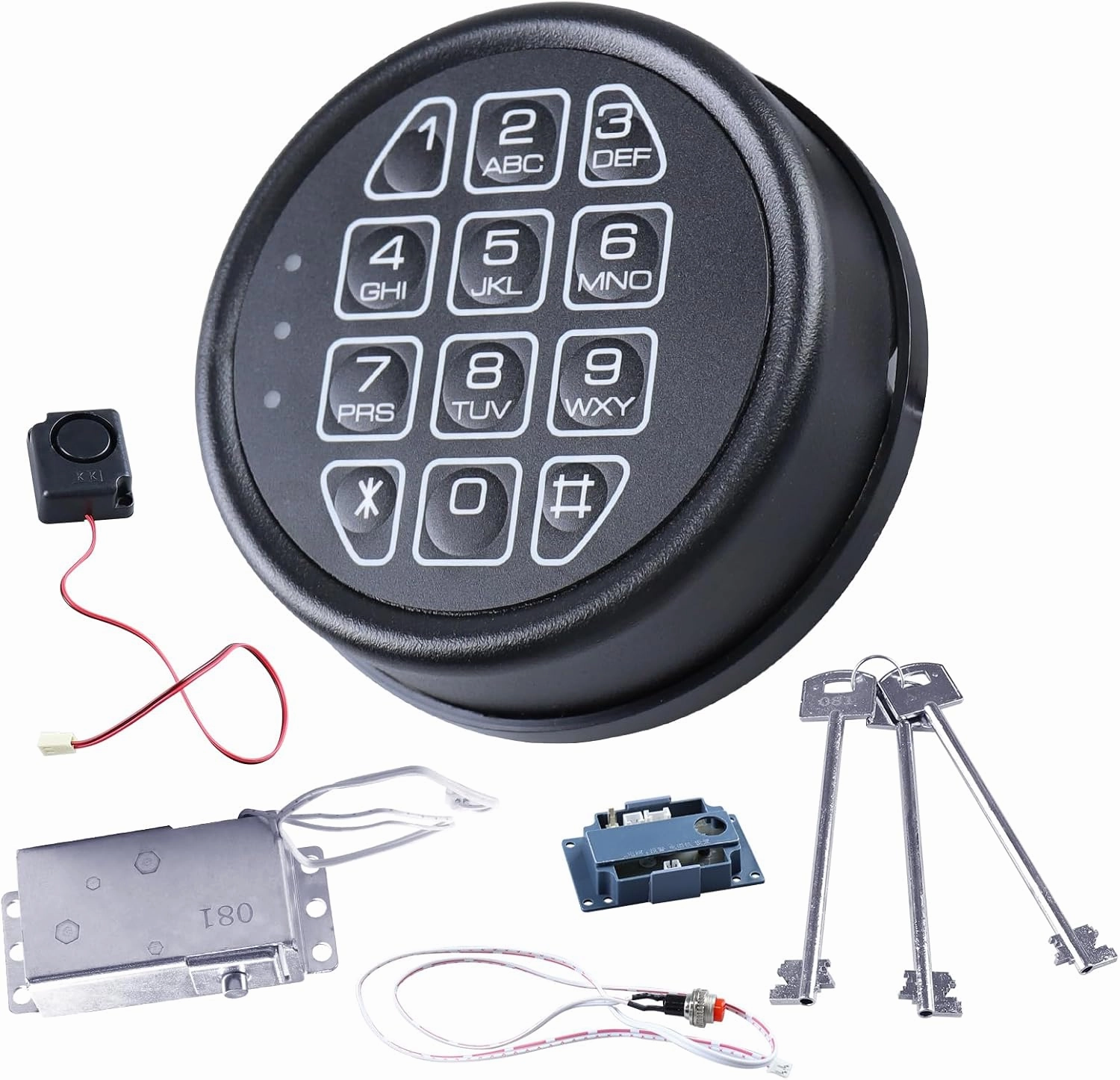 Black Digital Gun Safe Lock Kit – Electronic Keypad with Solenoid Lock, 2 Override Keys, Reset Cable, Circuit Board & Alarm Horn – Universal Replacement for Safe Boxes & Rifle Safes