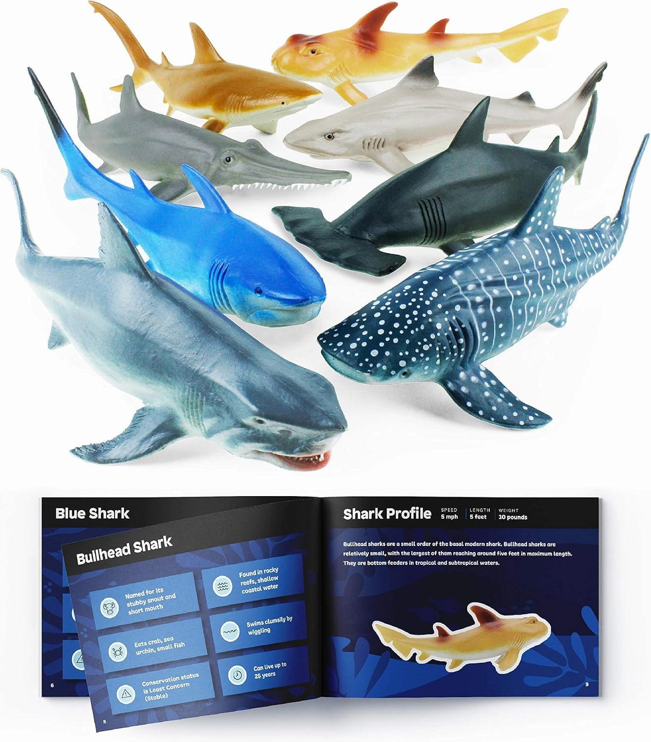 Boley Shark Toys - 8 Pack 10" Long Soft Plastic Realistic Shark Toy Set - Toddler Sensory Toys and Birthday Party Favors for Kids