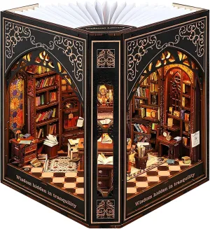 Book Nook Kit – Classical Library Miniature Dollhouse Book Nook Bookshelf Insert with LED Lights, Creative DIY Gift for Adults and Teens