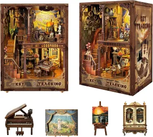 Book Nook Kit-DIY Dollhouse Kit 1:24 Scale Wooden Miniature Studio with Dust Cover Bookshelf Decor 3D Puzzle Book Nooks for Adults to Build Gift-Key Tracking (SQ-31)