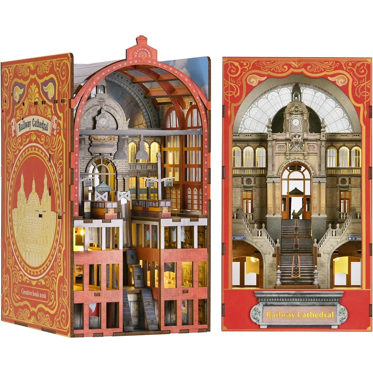 Book Nook Kit, DIY Miniature Dollhouse Book Nook Kit, 3D Wooden Puzzle Bookends Bookshelf Inserts Decor with LED Lights for Teens and Adults (Railroad Cathedral)