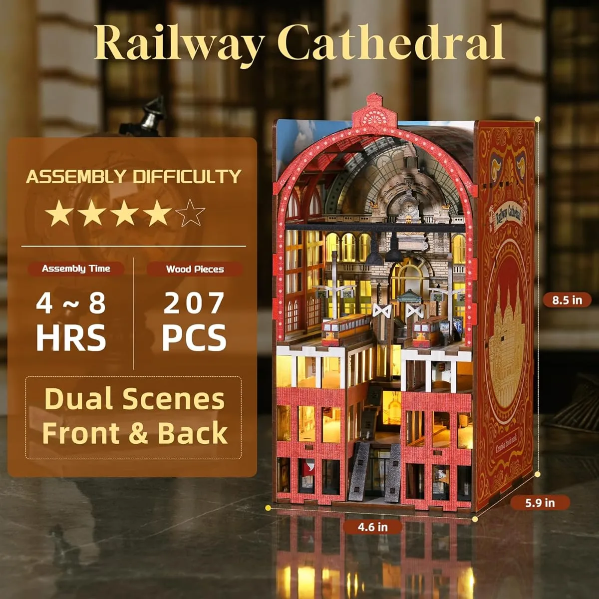 Book Nook Kit, DIY Miniature Dollhouse Book Nook Kit, 3D Wooden Puzzle Bookends Bookshelf Inserts Decor with LED Lights for Teens and Adults (Railroad Cathedral)