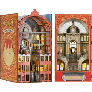 Book Nook Kit, DIY Miniature Dollhouse Book Nook Kit, 3D Wooden Puzzle Bookends Bookshelf Inserts Decor with LED Lights for Teens and Adults (Railroad Cathedral)