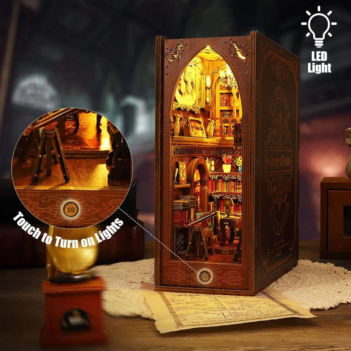 Book Nook Kit - DIY Miniature Model Wooden Dollhouse Book Nook with LED Lights for Adults Teens Build Mini Puzzle Toy Bookends Shelf Decor Craft for Boys Girls Gifts - Book Library