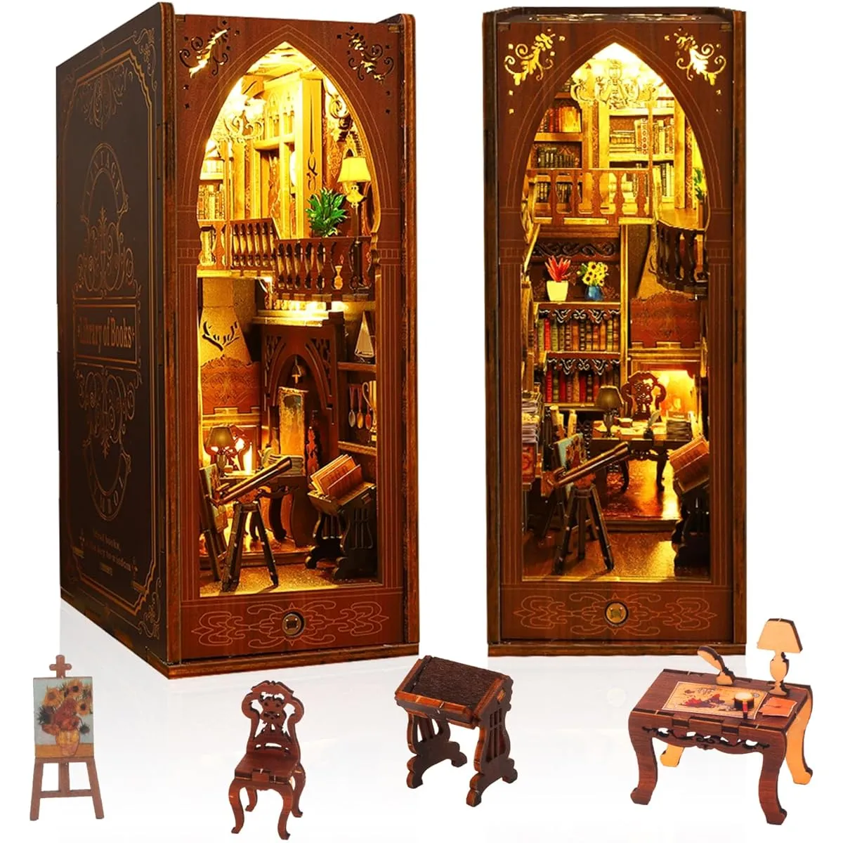 Book Nook Kit - DIY Miniature Model Wooden Dollhouse Book Nook with LED Lights for Adults Teens Build Mini Puzzle Toy Bookends Shelf Decor Craft for Boys Girls Gifts - Book Library