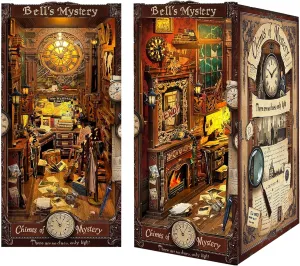 Book Nook Kit for Adult, Booknook with Dust Cover. DIY Miniature Dollhouse 3D Wooden Puzzle Bookend with LED for Bookshelf Insert Decor, Creative Gift for Teens and Adults (Bell's Mystery)