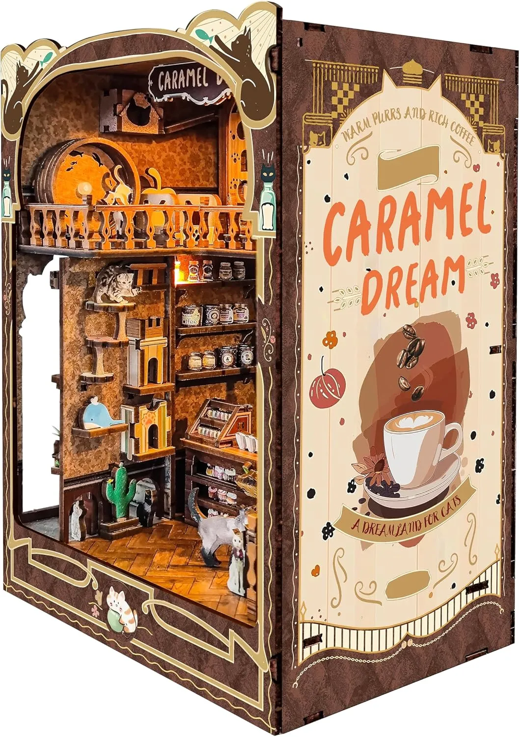 Book nooks DIY Dollhouse Kit for Adults 3D Stereo Assembly Night Light Sensing Wooden Bookend Jigsaw Building Model Gifts for Family,Friends (Caramel Dreams)