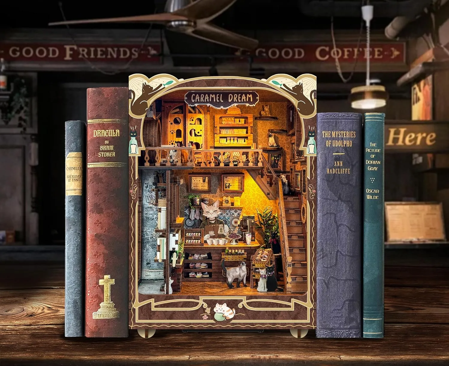 Book nooks DIY Dollhouse Kit for Adults 3D Stereo Assembly Night Light Sensing Wooden Bookend Jigsaw Building Model Gifts for Family,Friends (Caramel Dreams)