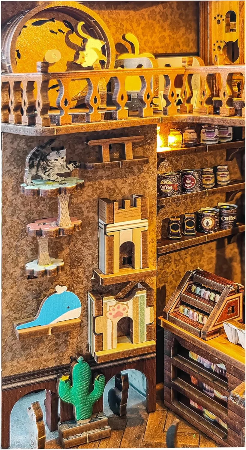 Book nooks DIY Dollhouse Kit for Adults 3D Stereo Assembly Night Light Sensing Wooden Bookend Jigsaw Building Model Gifts for Family,Friends (Caramel Dreams)