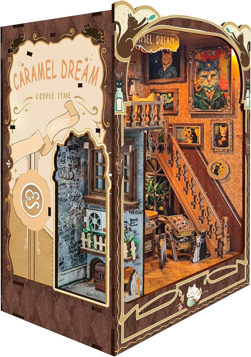 Book nooks DIY Dollhouse Kit for Adults 3D Stereo Assembly Night Light Sensing Wooden Bookend Jigsaw Building Model Gifts for Family,Friends (Caramel Dreams)