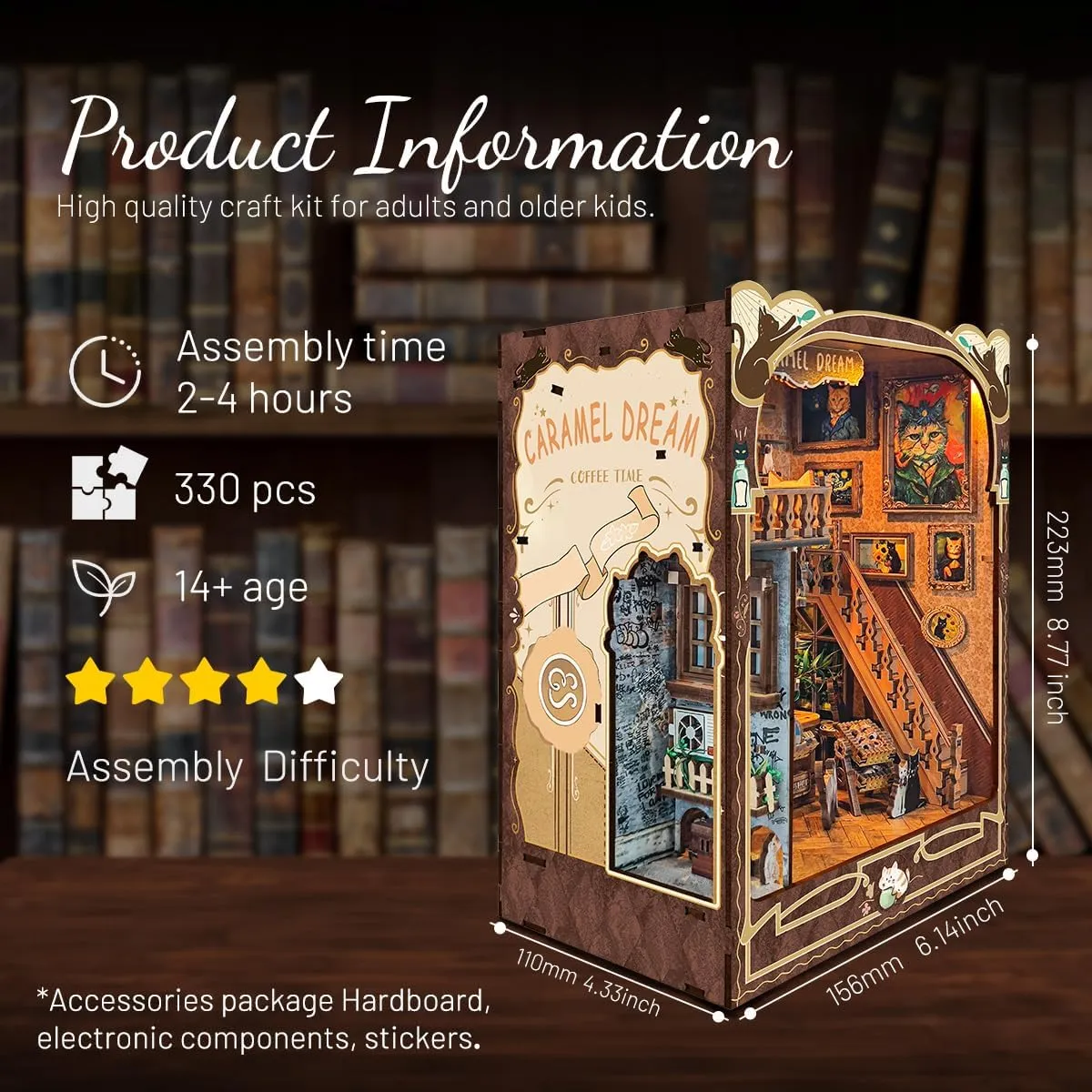 Book nooks DIY Dollhouse Kit for Adults 3D Stereo Assembly Night Light Sensing Wooden Bookend Jigsaw Building Model Gifts for Family,Friends (Caramel Dreams)