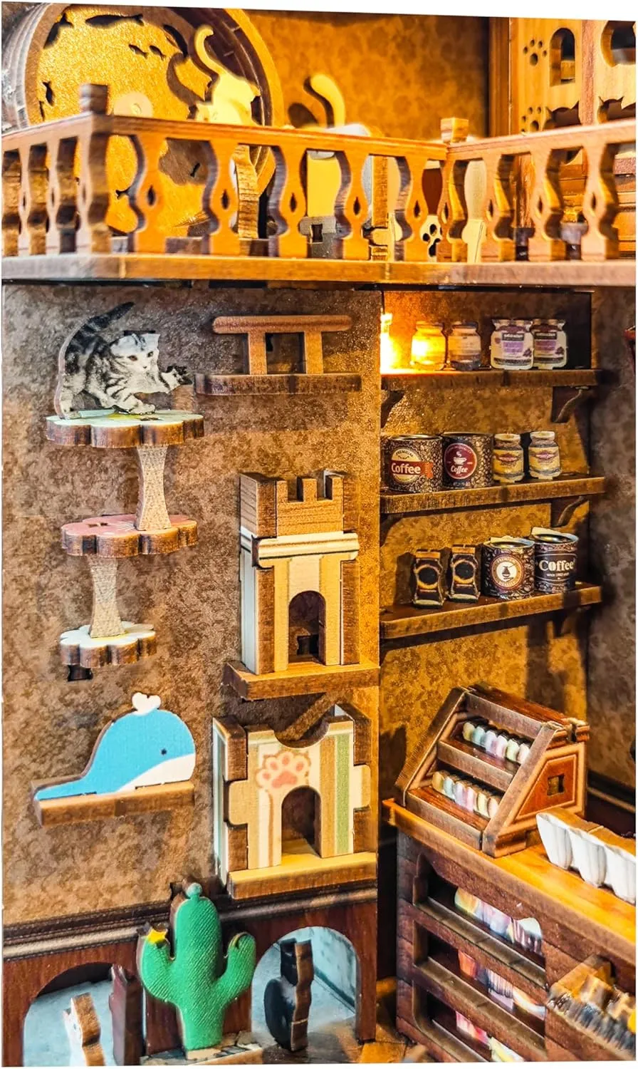 Book nooks DIY Dollhouse Kit for Adults 3D Stereo Assembly Night Light Sensing Wooden Bookend Jigsaw Building Model Gifts for Family,Friends (Caramel Dreams)