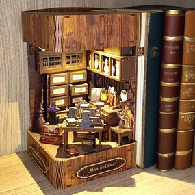 Book Nook Corner Workshop of the magician. Crafts Adult and Child. Wooden Dollhouse Model Bookends Models for Assembling.