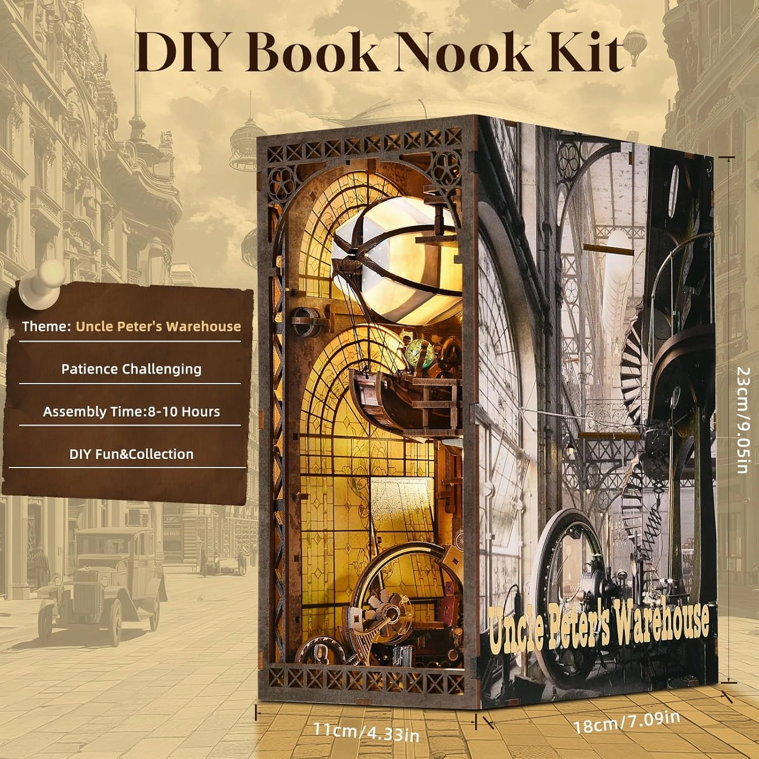 Book Nook Kit, Booknook Kits for Adults and Teens, DIY 3D Wooden Puzzle Bookend Miniature Dollhouse Kit Bookshelf Decor Alley Build Model with LED Light