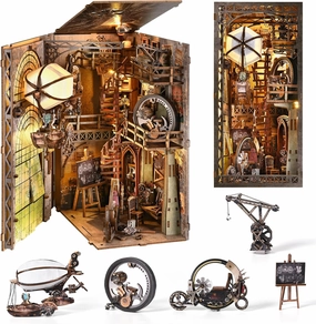 Book Nook Kit, Booknook Kits for Adults and Teens, DIY 3D Wooden Puzzle Bookend Miniature Dollhouse Kit Bookshelf Decor Alley Build Model with LED Light