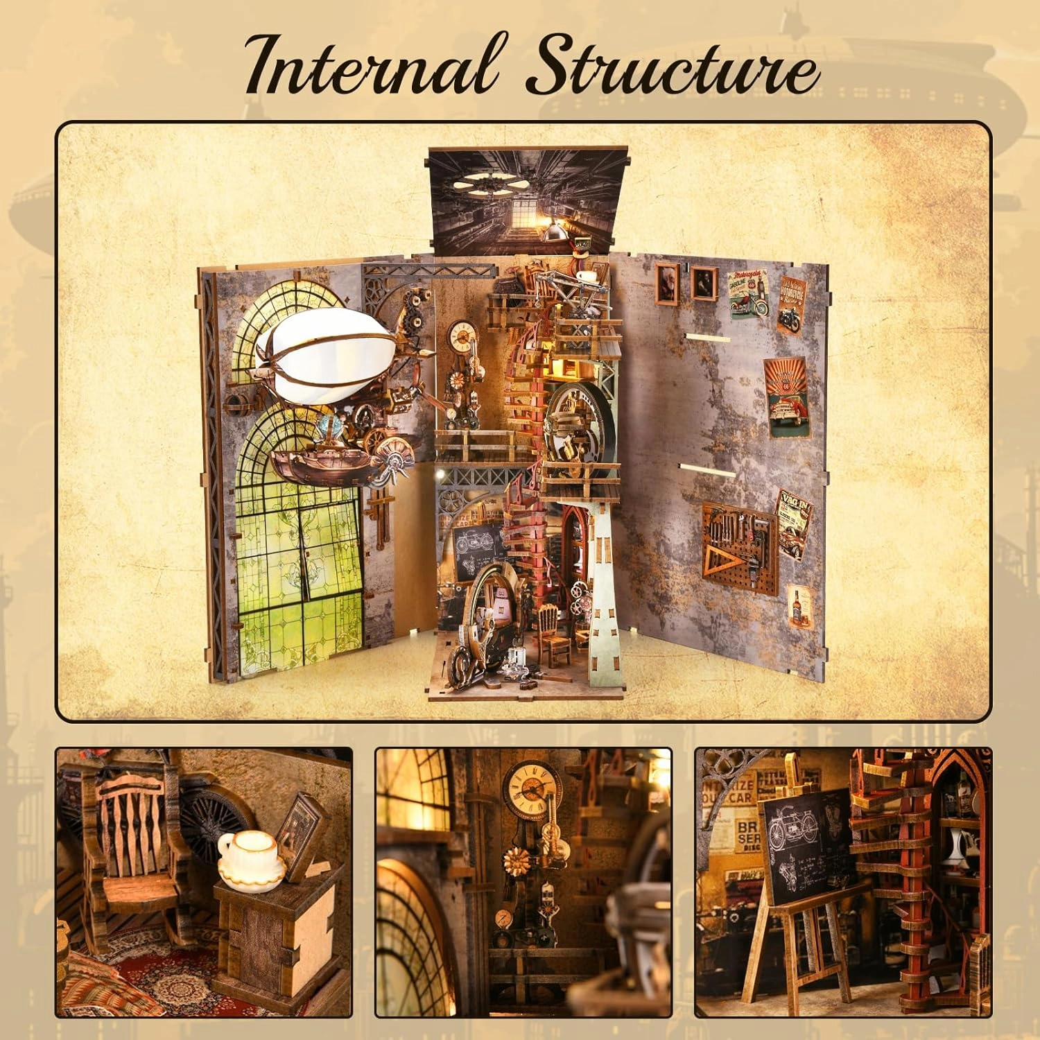 Book Nook Kit, Booknook Kits for Adults and Teens, DIY 3D Wooden Puzzle Bookend Miniature Dollhouse Kit Bookshelf Decor Alley Build Model with LED Light