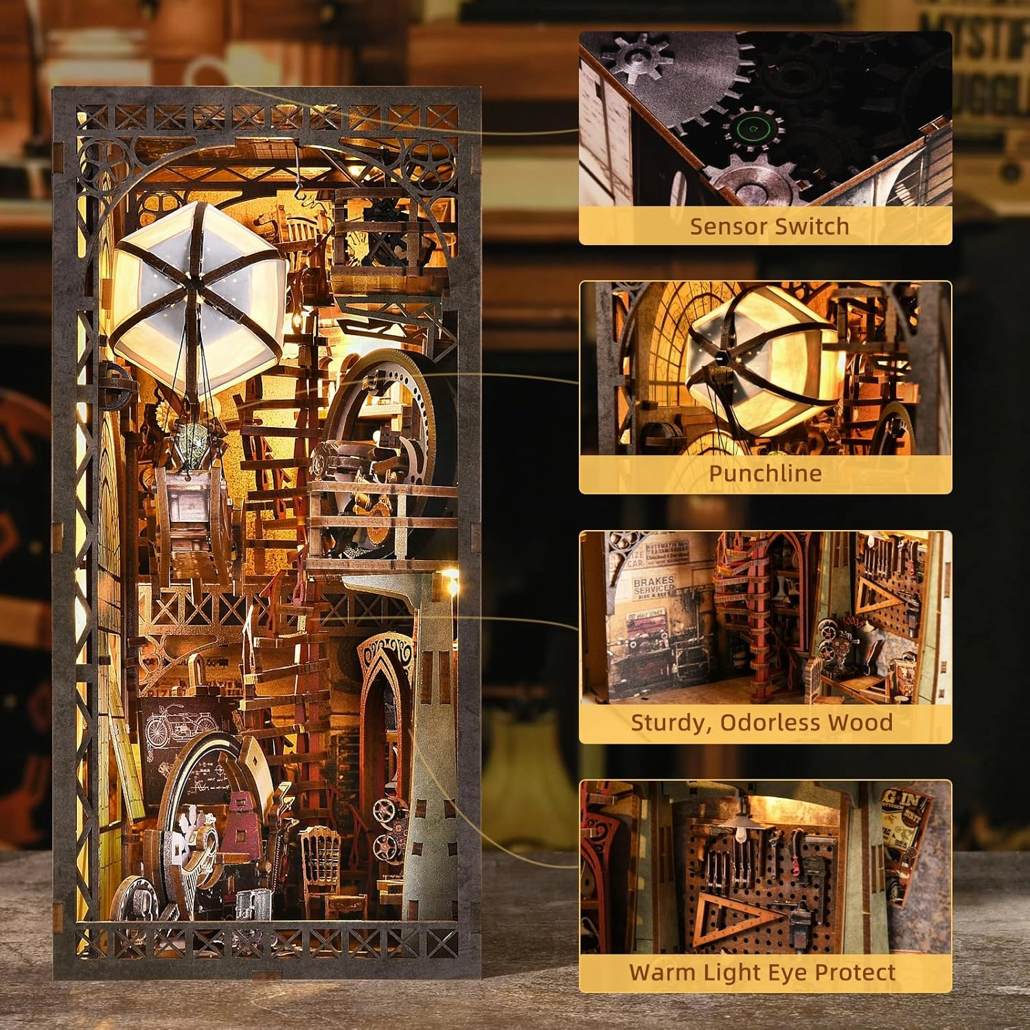 Book Nook Kit, Booknook Kits for Adults and Teens, DIY 3D Wooden Puzzle Bookend Miniature Dollhouse Kit Bookshelf Decor Alley Build Model with LED Light