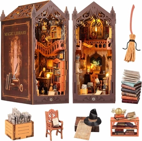 Book Nook Kit, DIY Dollhouse Booknook, Miniature House Kit for Adults and Teens, Library Tiny okshelf Decor, 3D Wooden Puzzle Bookends with Sensor Led Light, Gifts for Family, Friends