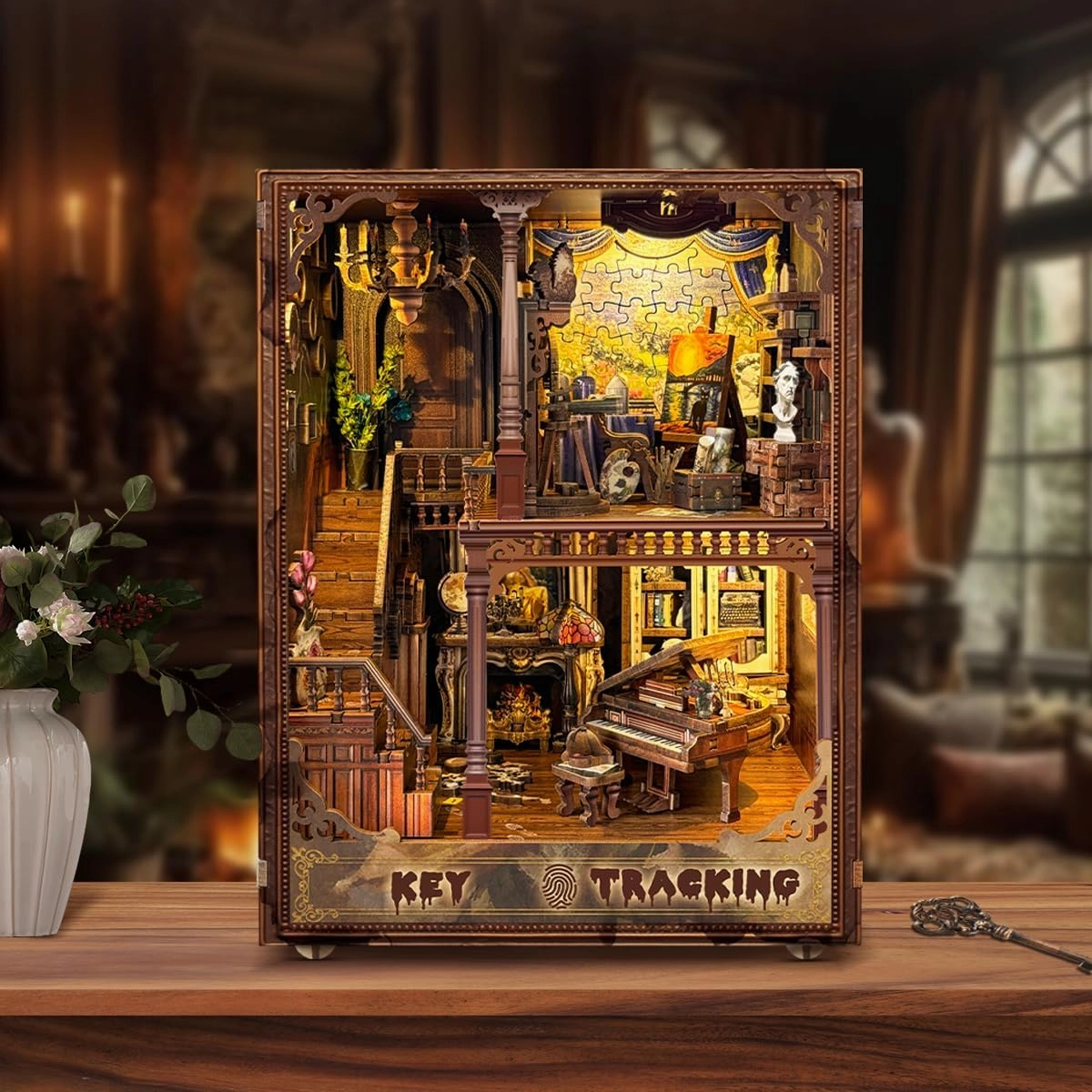 Book Nook Kit-DIY Dollhouse Kit 1:24 Scale Wooden Miniature Studio with Dust Cover Bookshelf Decor 3D Puzzle Book Nooks for Adults to Build Gift-Key Tracking (SQ-31)