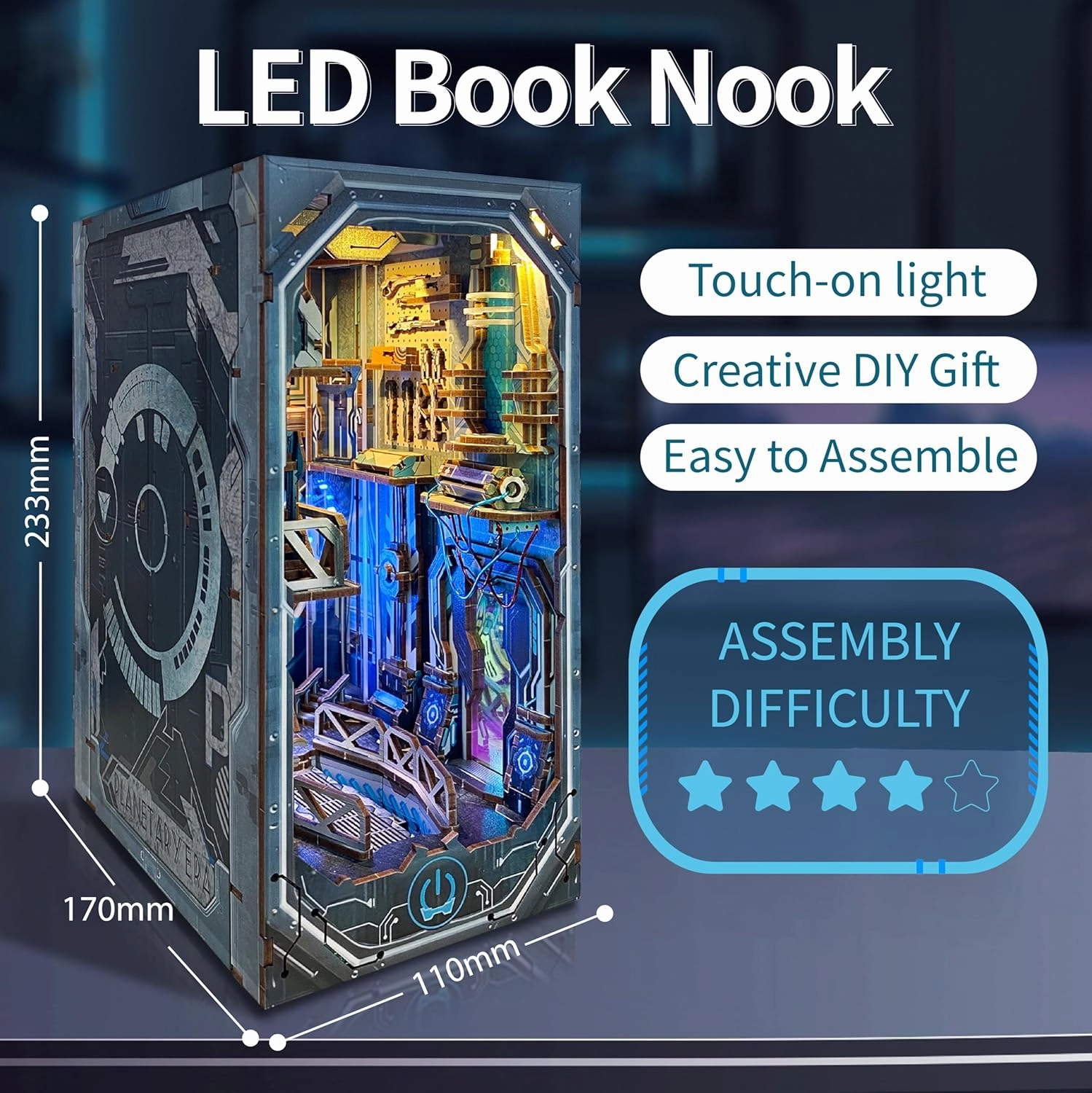 Booknook DIY Miniature Dollhouse, Book Nook Set for Adults & Beginners with LED Lights for Brighter Ambiance 3D Wooden Bookshelf Puzzle Booknook-Planetary Era