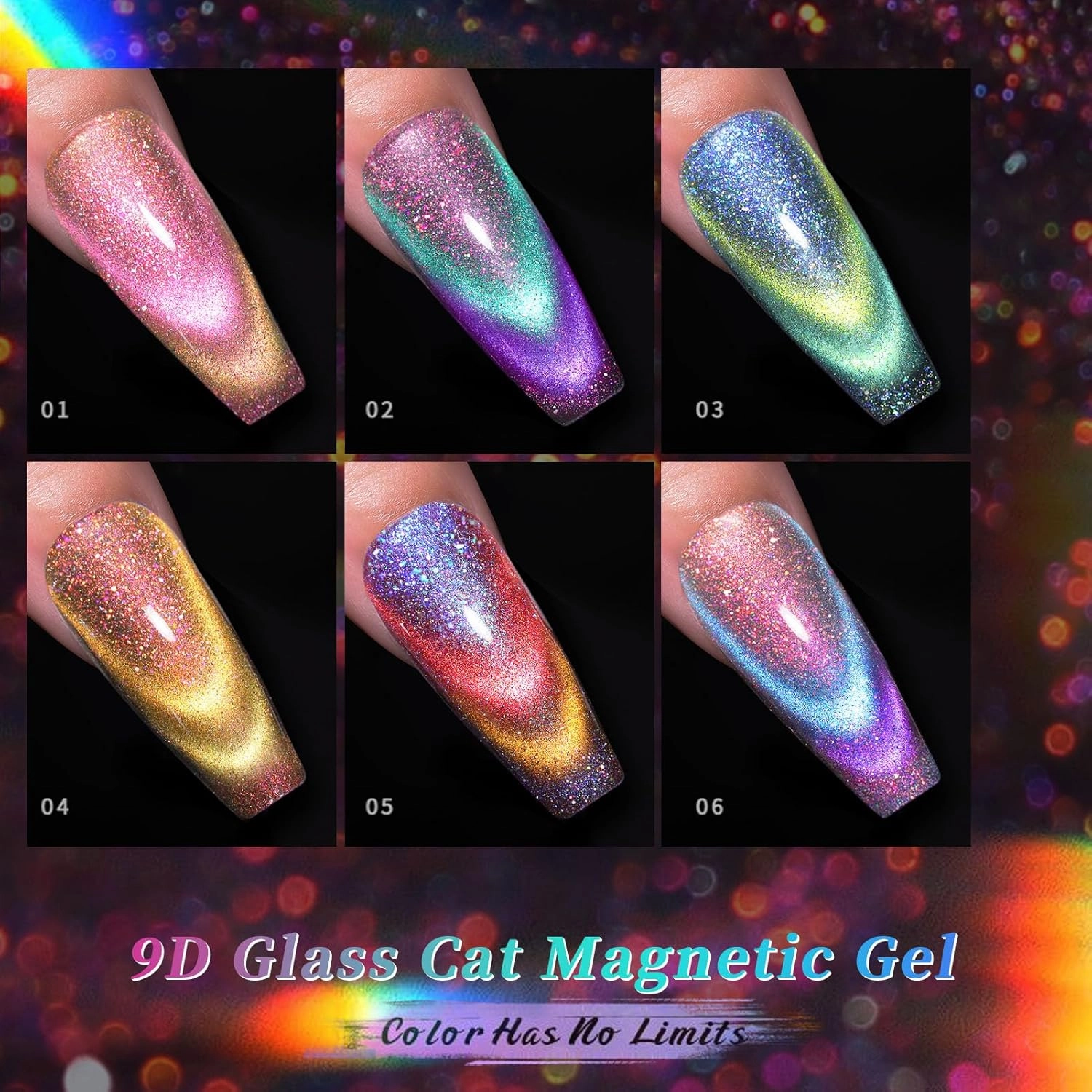 BORN PRETTY Cat Magnetic Gel Nail Polish 9D Chameleon Holorgraphic Cat Magnetic Eye Gel Polish Glitter Gel Polish Set 6PCS