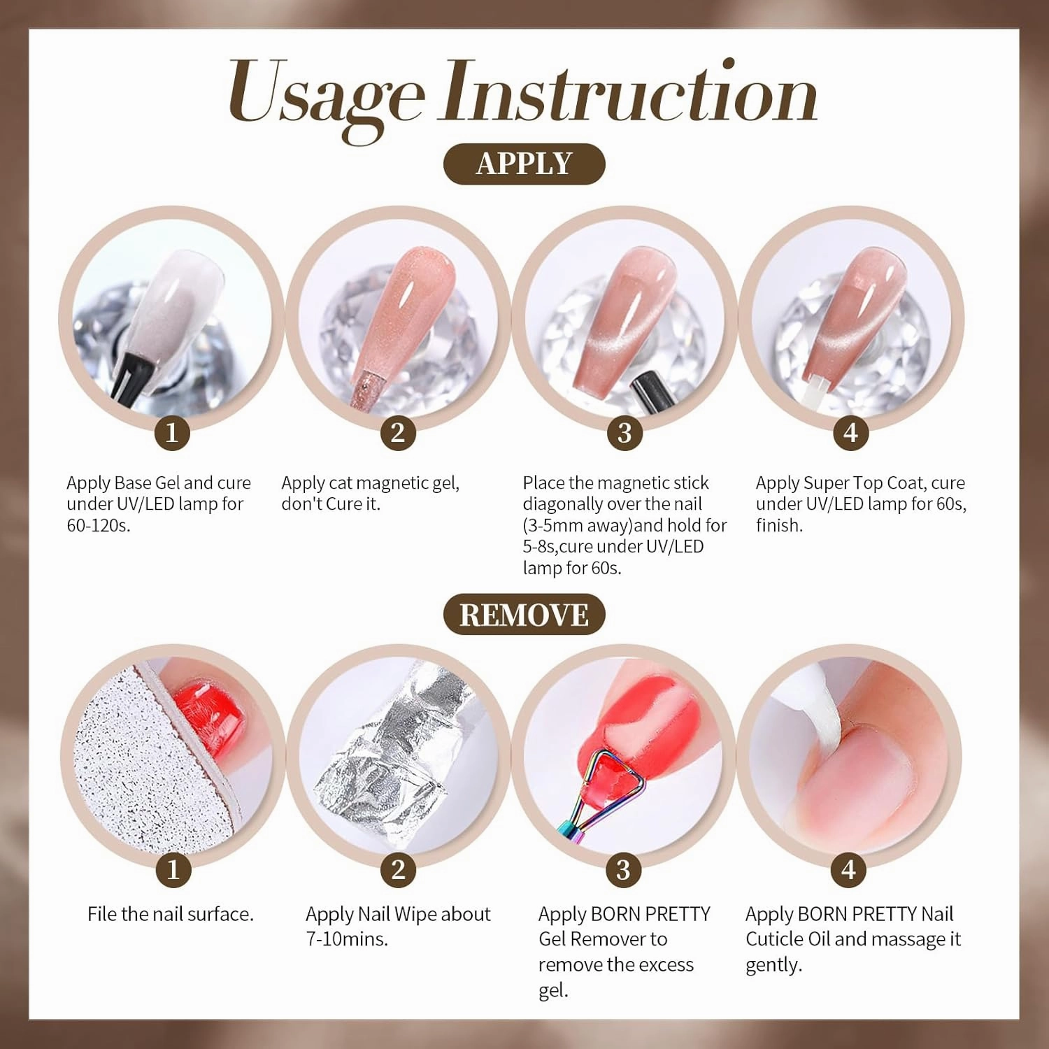 BORN PRETTY Magnetic Gel Nail Polish Water Light Cat Magnetic Eye Gel Brown SaU Vage Jelly Glass Crystal Magnetic Gel Polish Glitter Shimmer Auroras Magnetic Gel Nail Art Manicure Kit 6PCS