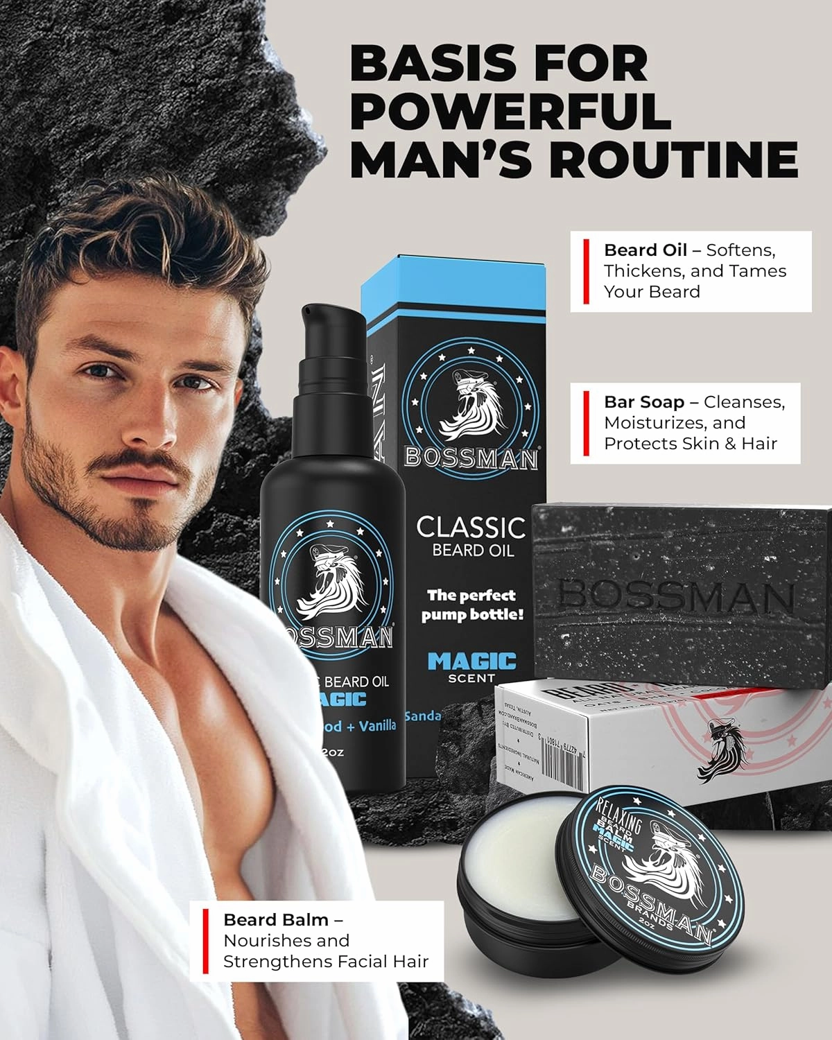 Bossman Starter Beard Kit for Men – Beard Oil (2 oz), Beard Balm & Bar Soap – Natural & Organic Grooming Kit – Made in the USA (Magic Scent)