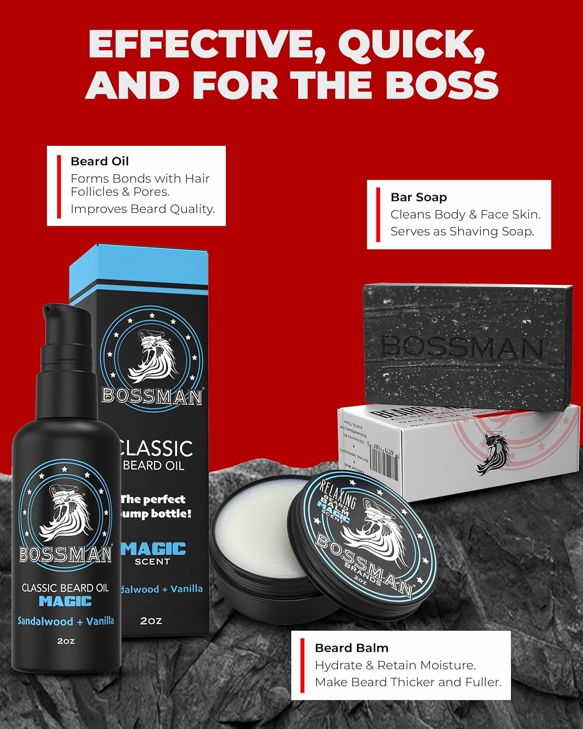 Bossman Starter Beard Kit for Men – Beard Oil (2 oz), Beard Balm & Bar Soap – Natural & Organic Grooming Kit – Made in the USA (Magic Scent)