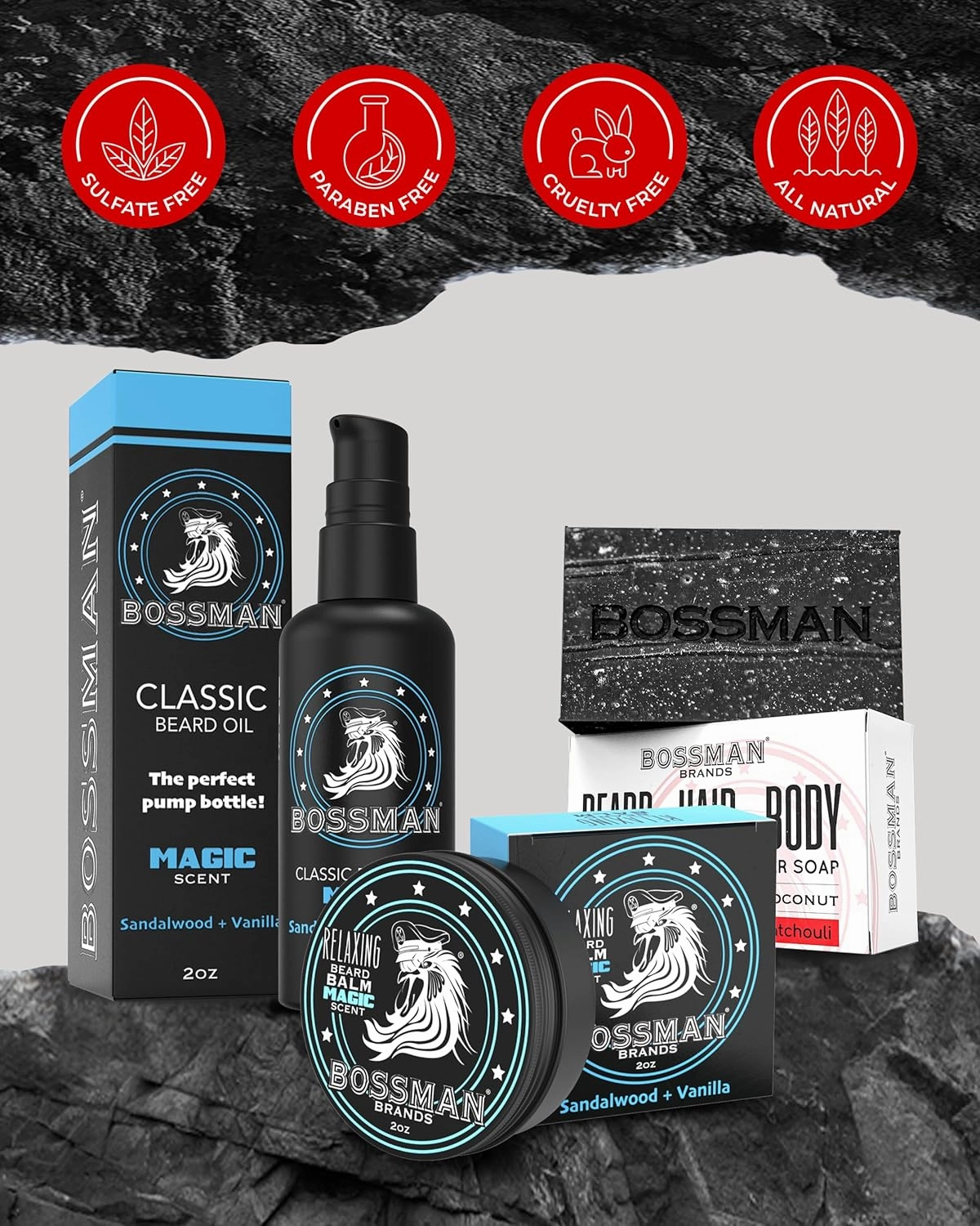 Bossman Starter Beard Kit for Men – Beard Oil (2 oz), Beard Balm & Bar Soap – Natural & Organic Grooming Kit – Made in the USA (Magic Scent)
