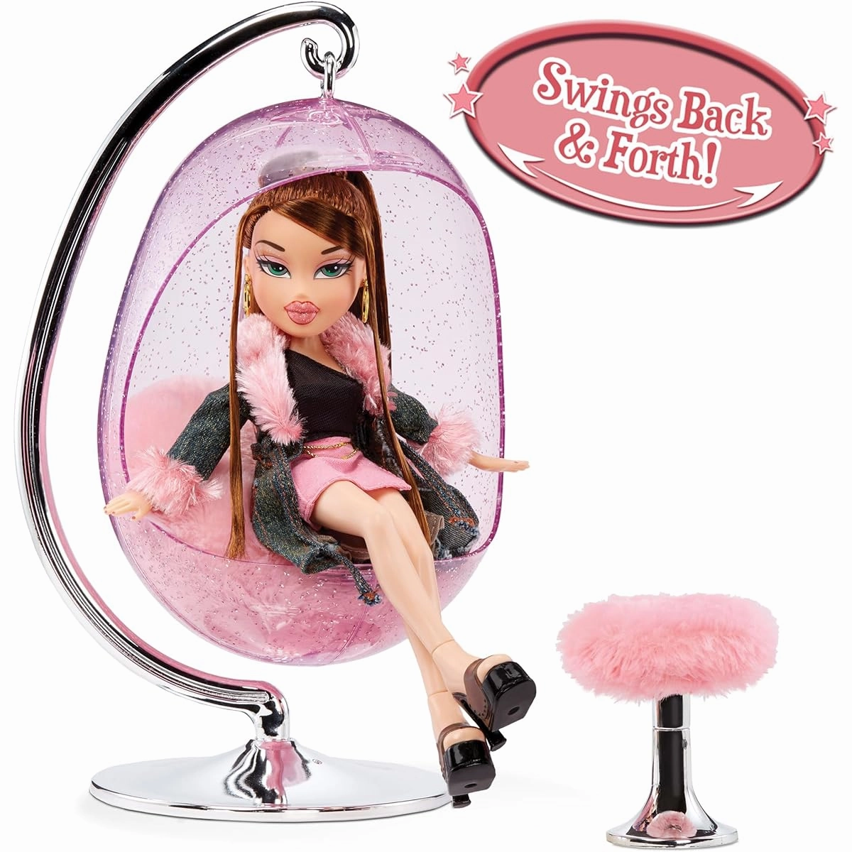 Bratz Funky Fashion Furniture Retro Swing Chair Playset & Display with Footrest, Swings Back and Forward, Fits Dolls up to 12" Tall, Y2K Nostalgia, Collectible, Ages 6 7 8 9 10 