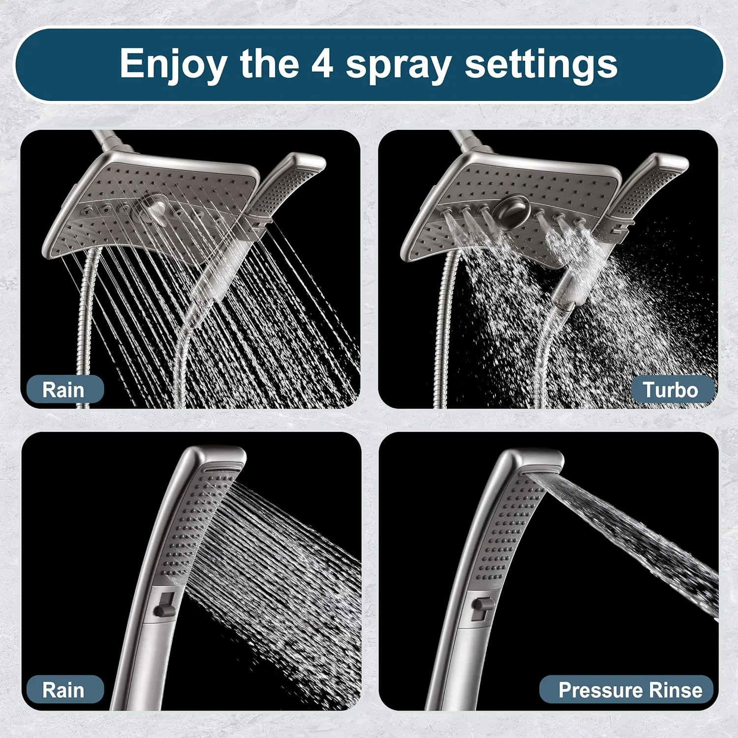 BRIGHT SHOWERS Shower Head Combo with Two Spray Setting , Fixed Shower Head and Handheld with Grey Face, Brushed Nickel