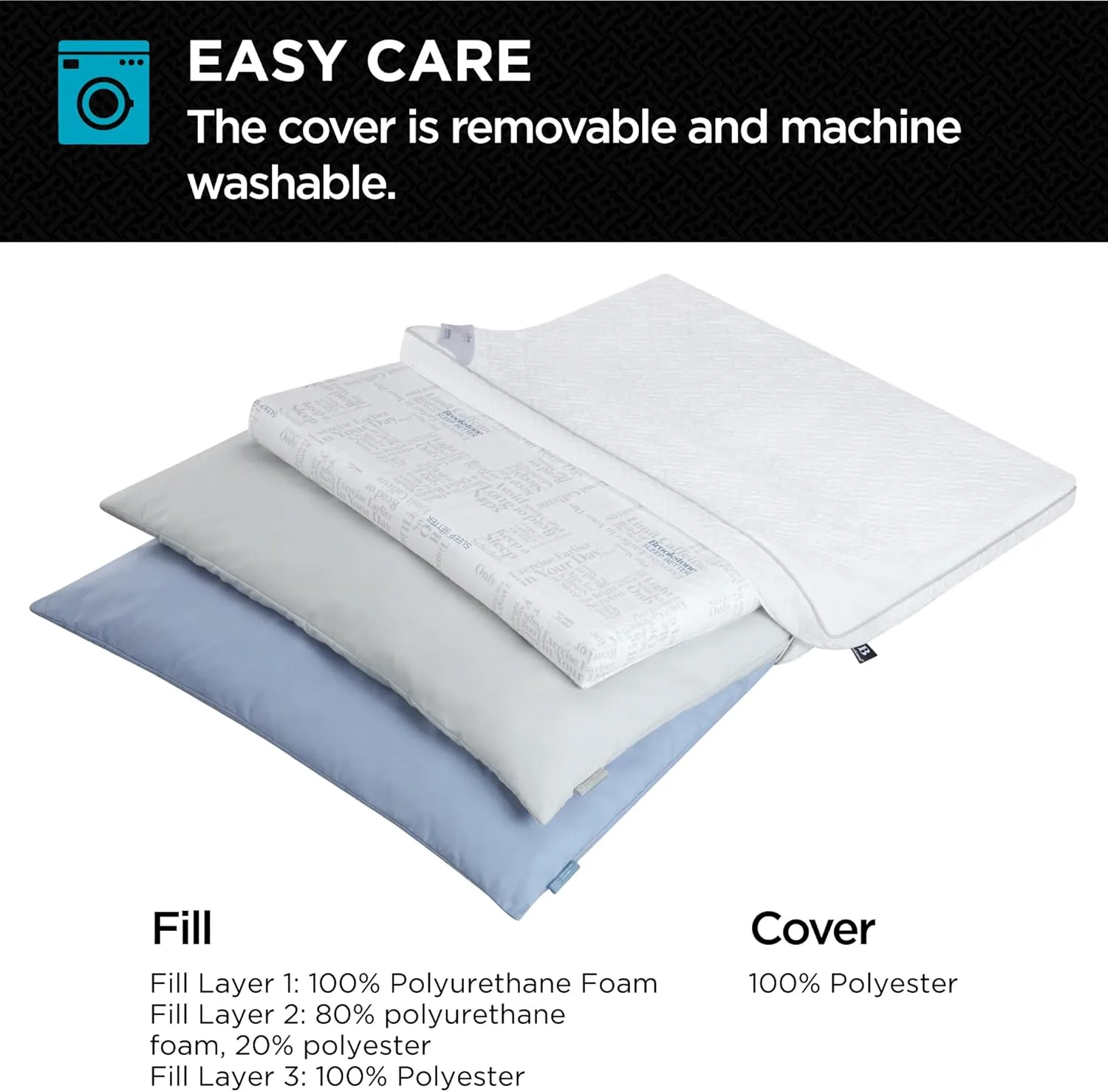 Brookstone Layer Adjustable Pillow | L Shape Zipper Allows 3 Adjustable Layers of Foam Clusters for Firm, Medium or Soft Pillow for Sleeping | 15 Combinations of Layers for Desired Support & Comfort