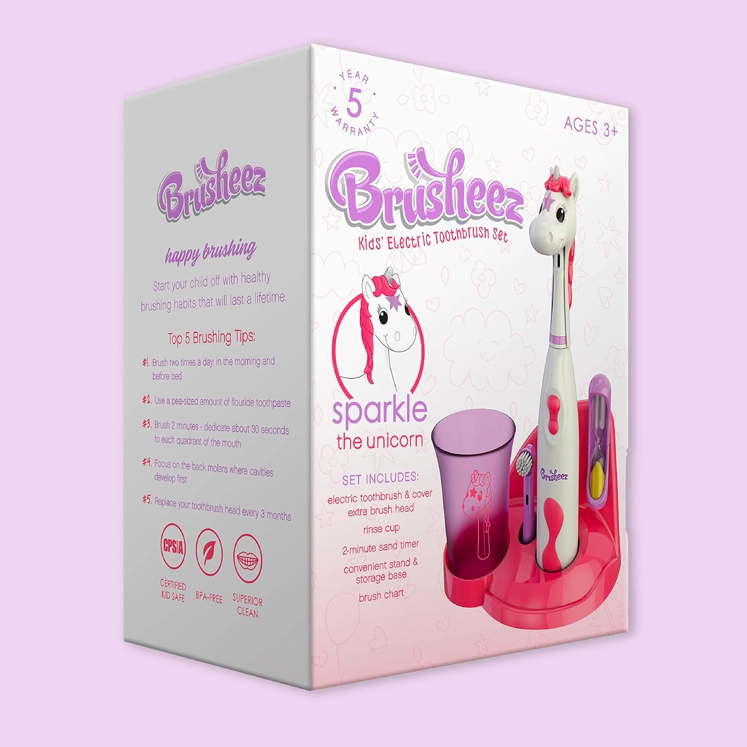 Brusheez Kids’ Electric Toothbrush Set - Safe & Effective for Ages 3  - Parent Tested & Approved with Gentle Bristles, 2 Brush Heads, Rinse Cup, 2-Minute Timer, & Storage Base (Sparkle The Unicorn)