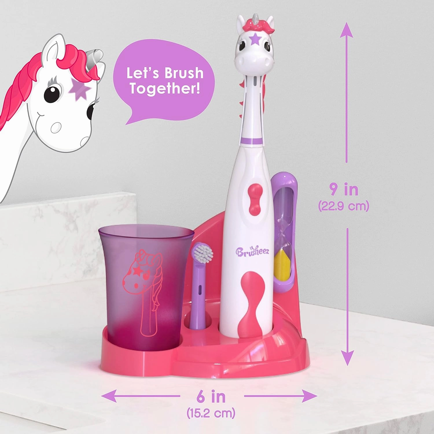 Brusheez Kids’ Electric Toothbrush Set - Safe & Effective for Ages 3  - Parent Tested & Approved with Gentle Bristles, 2 Brush Heads, Rinse Cup, 2-Minute Timer, & Storage Base (Sparkle The Unicorn)