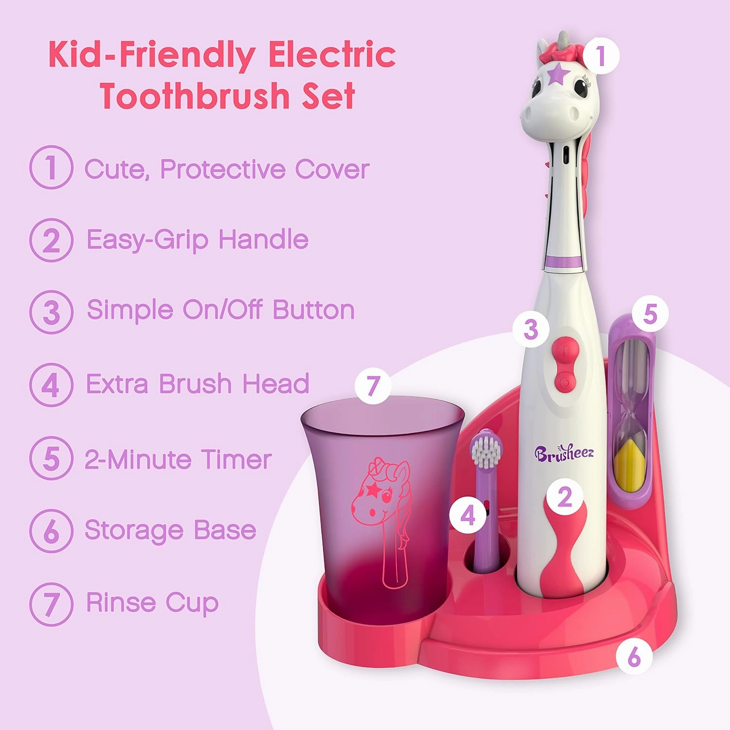 Brusheez Kids’ Electric Toothbrush Set - Safe & Effective for Ages 3  - Parent Tested & Approved with Gentle Bristles, 2 Brush Heads, Rinse Cup, 2-Minute Timer, & Storage Base (Sparkle The Unicorn)