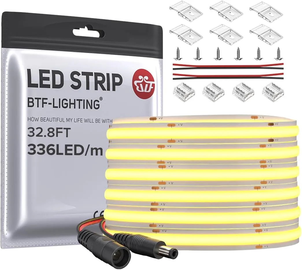 BTF-LIGHTING FCOB COB LED Strip Flexible High Density Uniform Light 8W/m 32.8FT DC24V Natural White 4000K CRI 90  8mm Width LED Ribbon for Bedroom Indoor Decor(No Adapter or Controller)