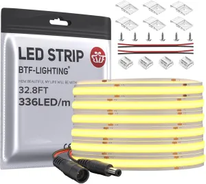 BTF-LIGHTING FCOB COB LED Strip Flexible High Density Uniform Light 8W/m 32.8FT DC24V Natural White 4000K CRI 90  8mm Width LED Ribbon for Bedroom Indoor Decor(No Adapter or Controller)