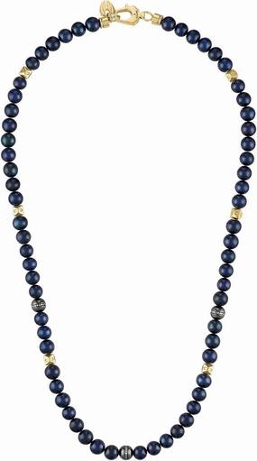 Bulova Jewelry Men's Classic Beaded Navy Fresh Water Pearls, Sterling Silver Beads accented with Diamonds, and Gold-tone Hexagonal Spheres Necklace, Length 22" Style:BVC1060-G6SSC4FWP