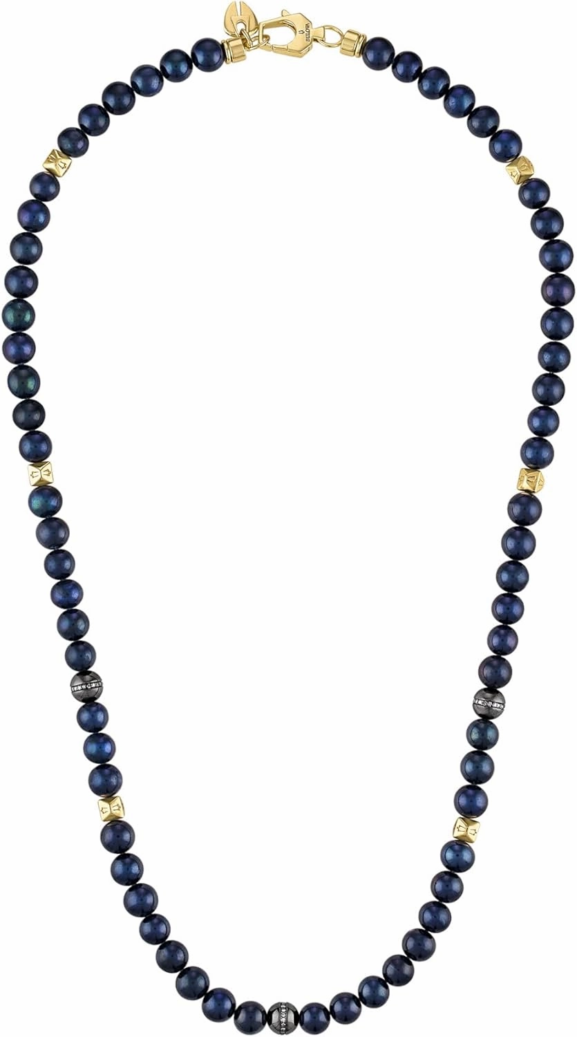 Bulova Jewelry Men's Classic Beaded Navy Fresh Water Pearls, Sterling Silver Beads accented with Diamonds, and Gold-tone Hexagonal Spheres Necklace, Length 22" Style:BVC1060-G6SSC4FWP