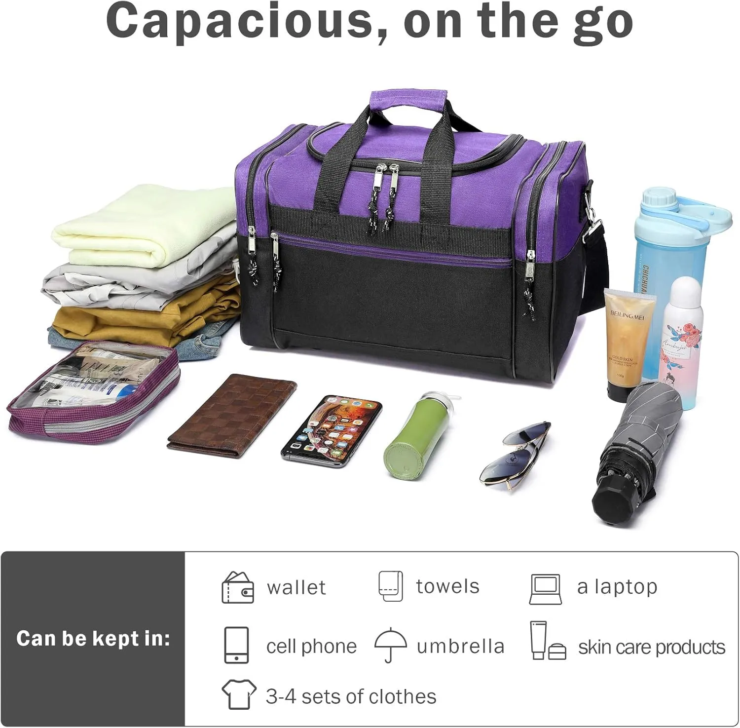 BuyAgain Duffle Bag, 17" Travel Carry On Sport Overnight Weekender Duffel Gym Bag with Adjustable Strap For Men Or Women