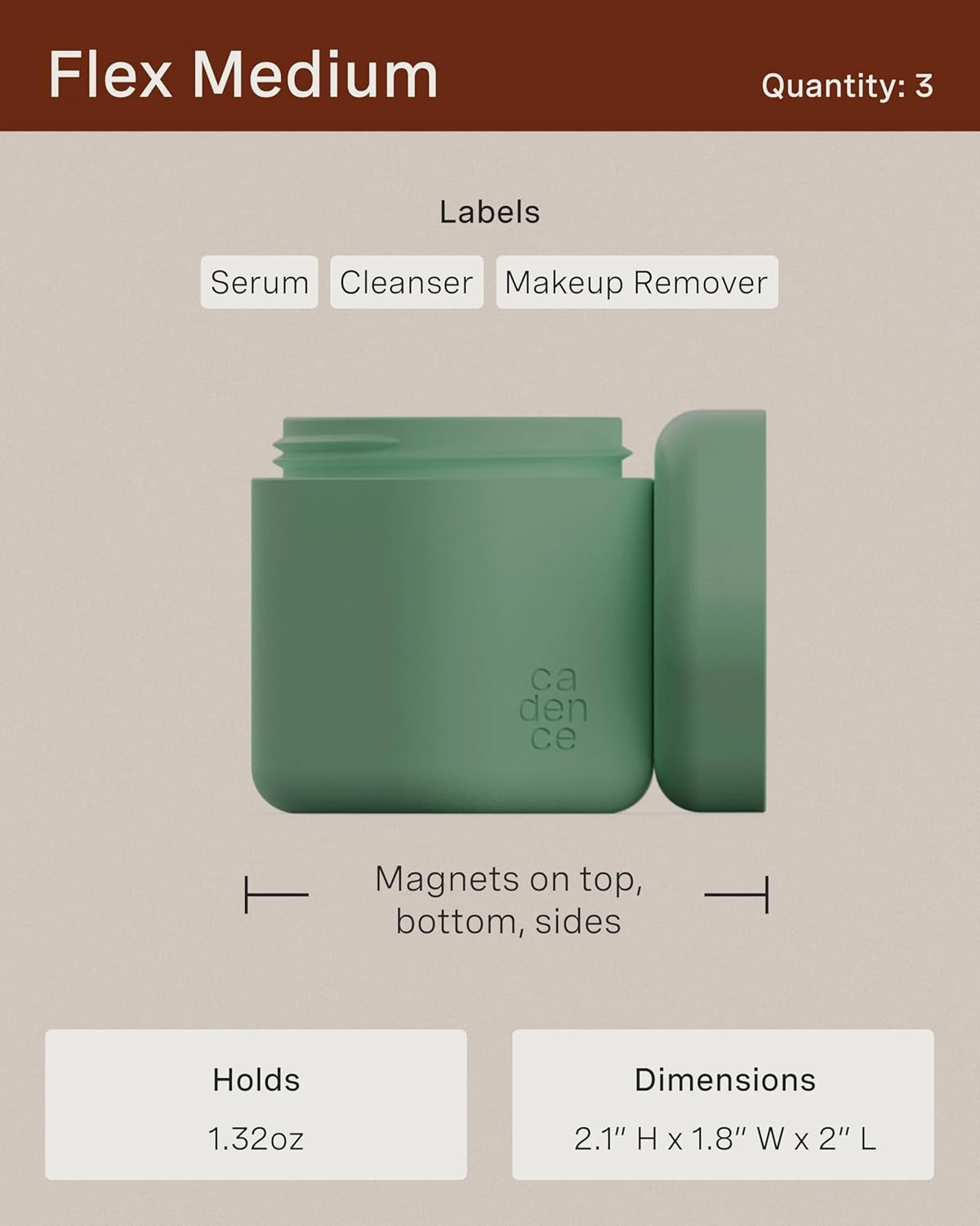 Cadence Travel Containers - Core Skincare Set - Magnetic Containers with Lids,2 Small (0.56oz) & 3 Medium (1.32oz) - Cleanser, Moisturizer, Serum, Makeup Remover & Sun Icon Labels - Charcoal