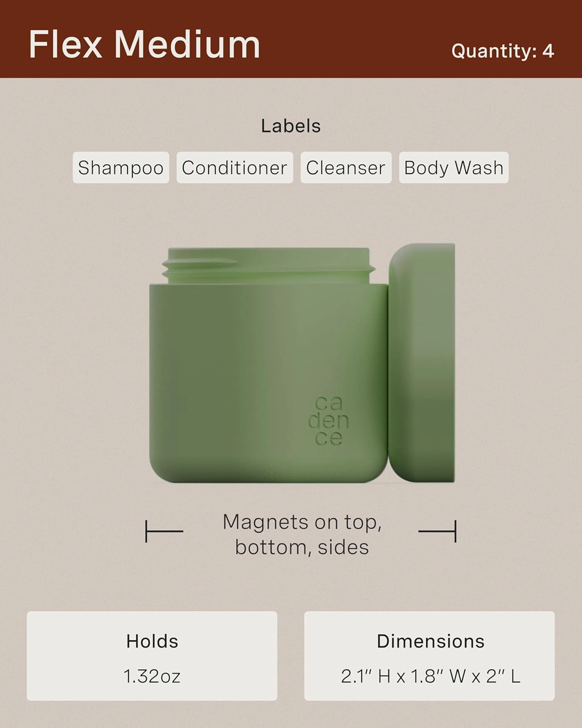 Cadence Travel Containers - Daily Routine Capsule Set - Magnetic Travel Capsules - For Shampoo, Conditioner, Body Wash, Pills, and More - 4 Flex Mediums (1.32oz) & 3 Flex Smalls (0.56oz) - Sand