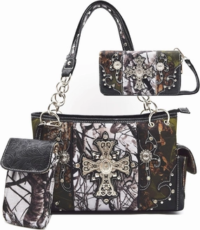 Camouflage Cross Wings Western Style Studded Handbag Tooled Leather Purse Country Women Shoulder Bag Pouch Wallet Set
