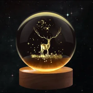 C&M 3D Deer Crystal Ball Night Light,Deer Figurine Lamp,Decorative Glass Sphere Ball Paperweight Crystal Sea Animal Decorations for Home (Deer)