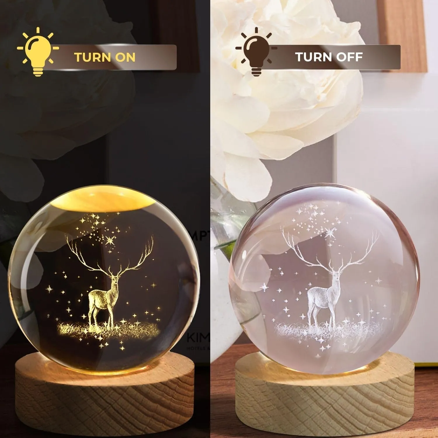C&M 3D Deer Crystal Ball Night Light,Deer Figurine Lamp,Decorative Glass Sphere Ball Paperweight Crystal Sea Animal Decorations for Home (Deer)