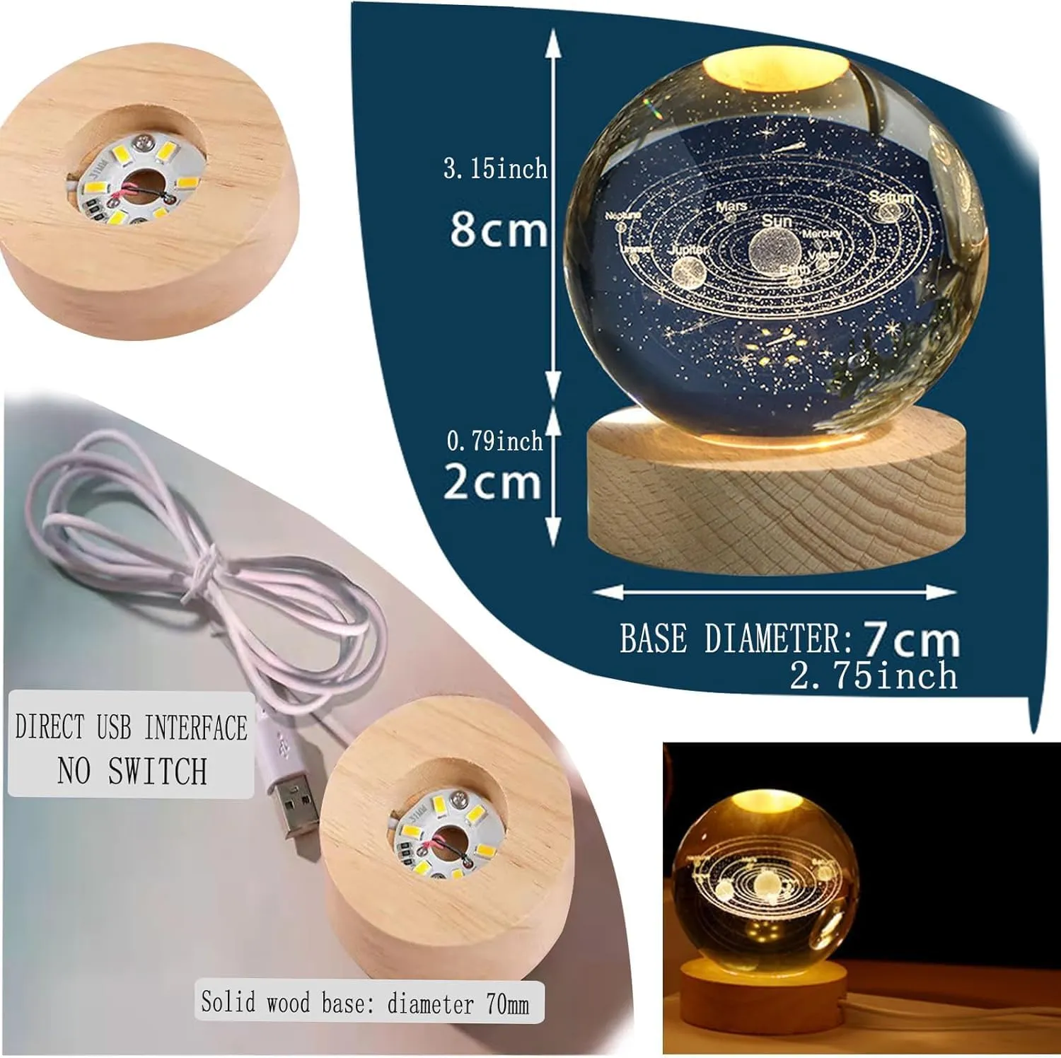 C&M 3D Deer Crystal Ball Night Light,Deer Figurine Lamp,Decorative Glass Sphere Ball Paperweight Crystal Sea Animal Decorations for Home (Deer)
