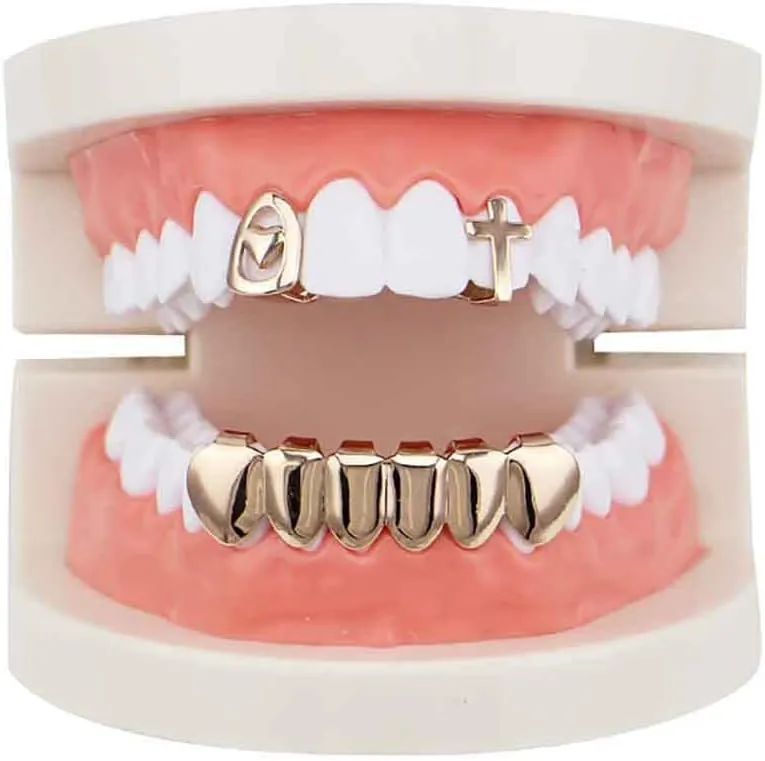 canjoyn 2 Single Heart Cross Shape Top Grillz Teeth and 6 Bottom Set Hip Hop Grillz Vampire Fangs Grillz Cosplay Accessory