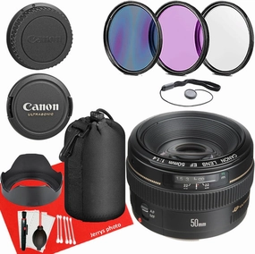 Canon EF 50mm f/1.4 USM Lens for Canon EF-Mount APS-C DSLRs   Lens Case   3 PC Filters   Hood   Dust Blower   Sensor Brush Pen   Cap Keeper   More (12pc Bundle) (Renewed), Black