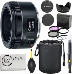Canon EF 50mm f/1.8 STM Lens   3pc Filter Kit   Lens Pen   Blower   Hood   Lens Pouch   Cap Keeper