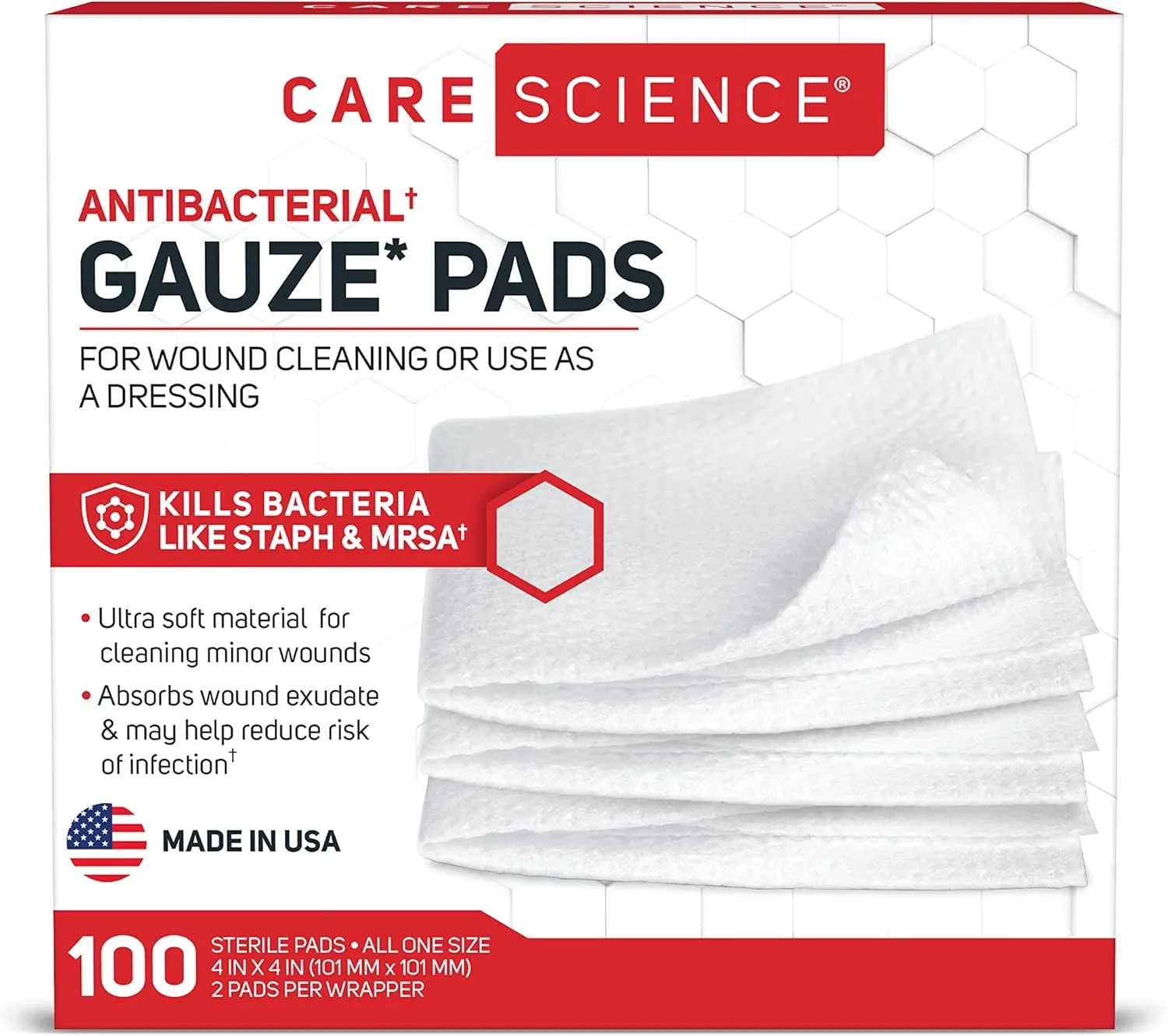 Care Science Sterile Gauze Pads, 100 ct, Large, 4 X 4 in | for Cleaning or Covering Wounds as a Dressing